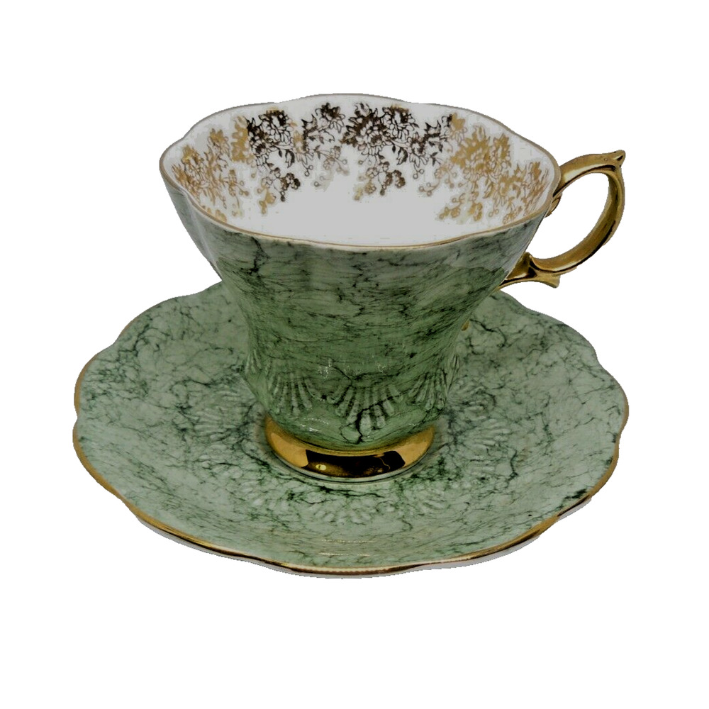 Rare Royal Albert Bone China Marbled Green Scalloped Tea Cup And Saucer England